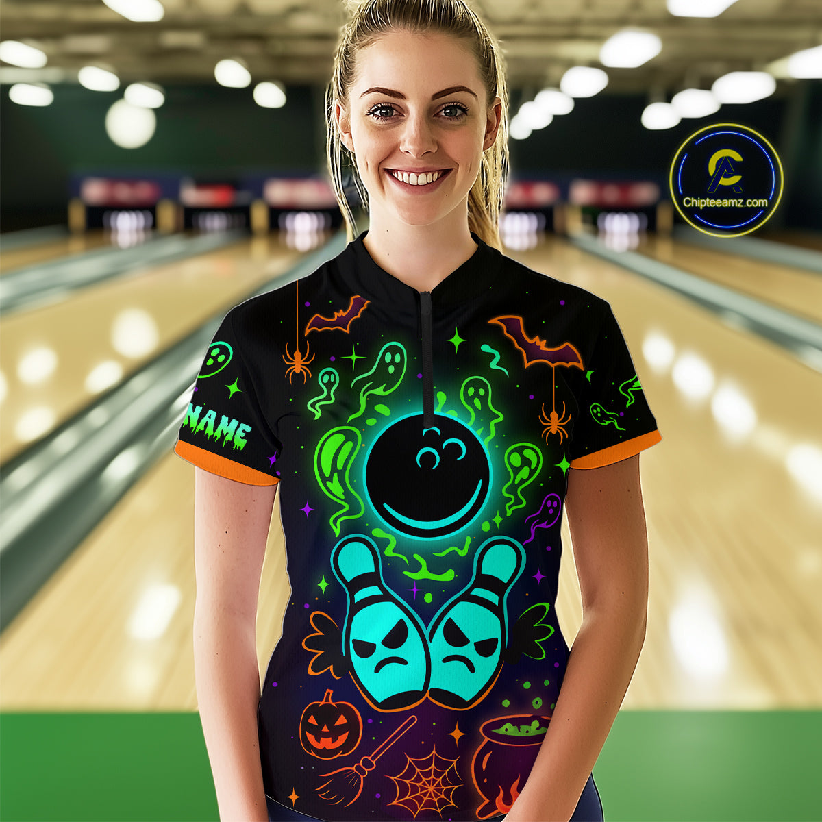 Custom Neon Bowling Team Shirt Halloween Polo & Quarter-Zip Bowling Jersey for Women QZT731