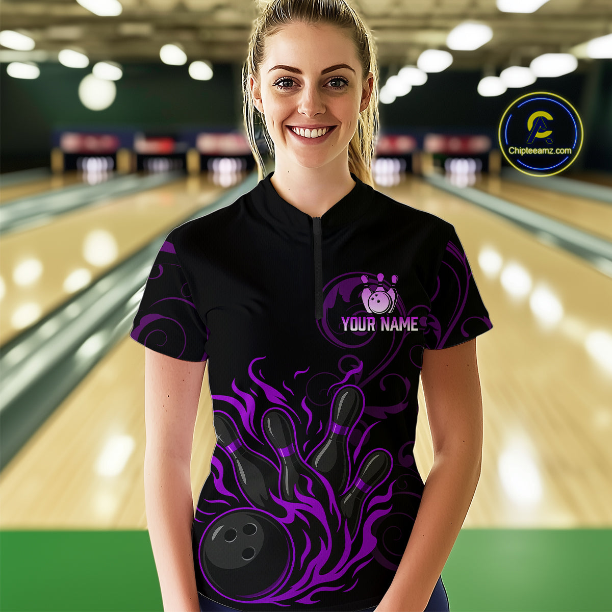Black And Purple Flame Custom Dragon Bowling Team Shirts For Women, Bowling Uniform Outfit NQS9963