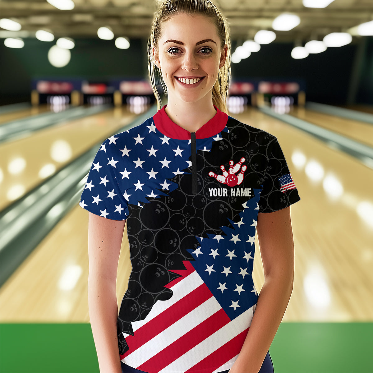 Personalized Patriotic Cat Bowling Shirt Quarter-Zip American Bowling Jersey for Men Women QZT673