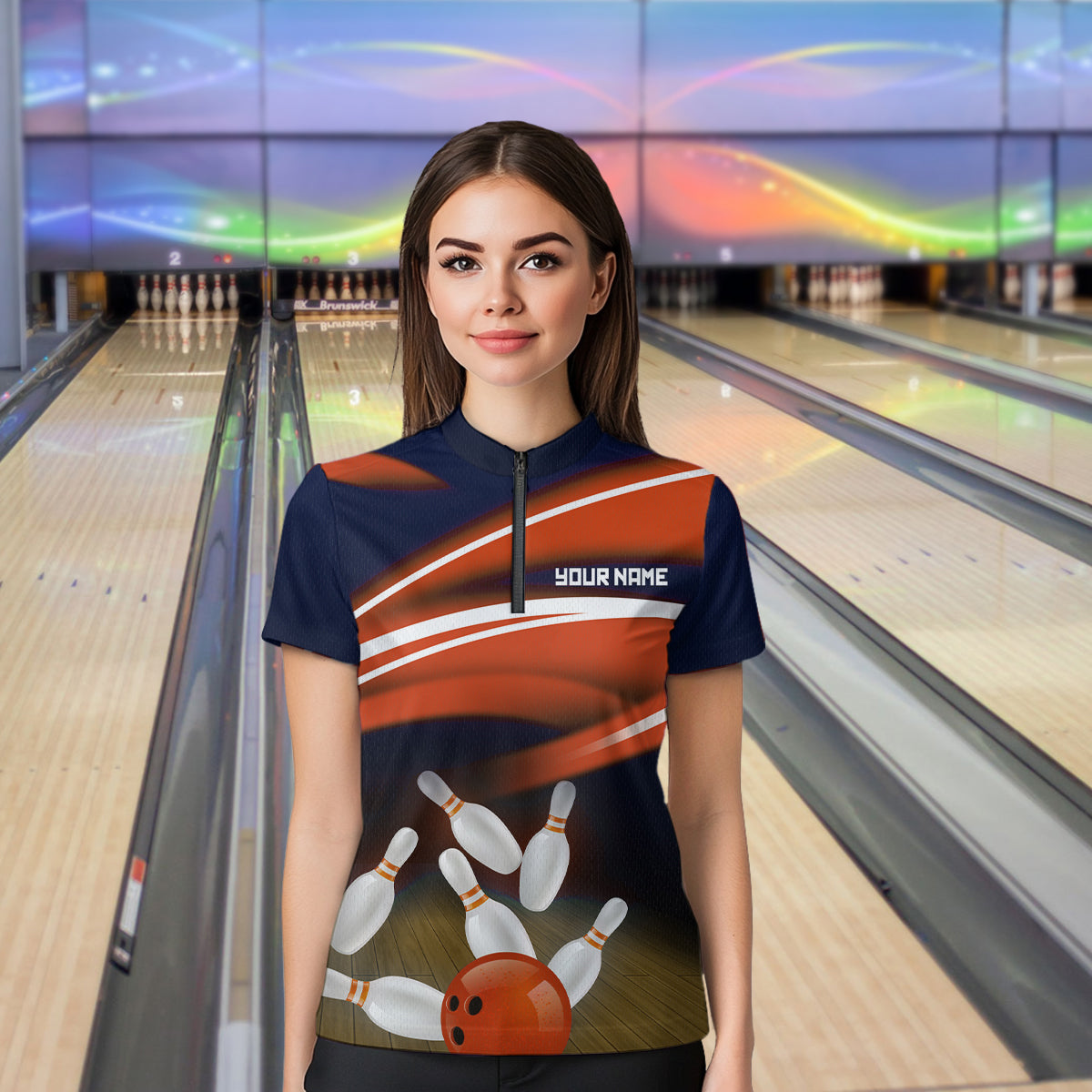 Custom Orange Bowling Jersey Bowling Team Shirts For Women Bowling League Polo & 1/4 Zip HNT163