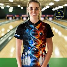 Load image into Gallery viewer, Woman wearing custom ice and fire DNA bowling 1/4 zip shirt, front view mockup, personalized bowling league jersey.