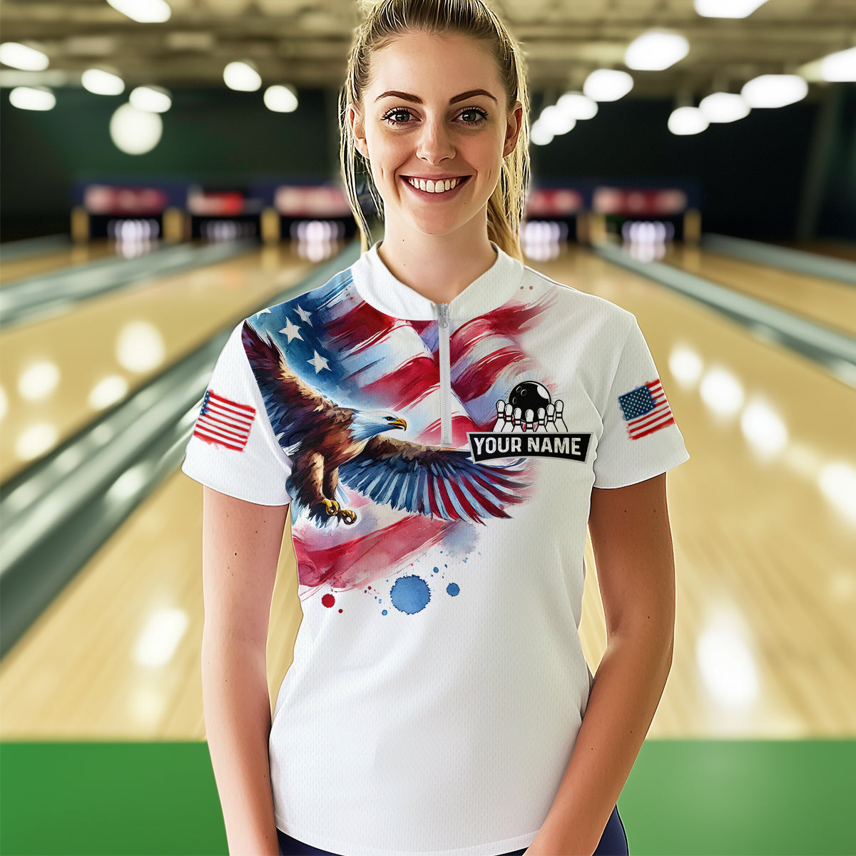Patriotic Eagle Bowling Shirts American Flag Bowling Polo & 1/4 Shirt for Men Women MBL12