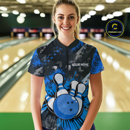 Blue Watercolor Bowling Shirts for Women Men Custom Team Bowling Polo&1/4 Zip Shirt MBL110