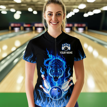 Blue Flaming Tiger Bowling Custom Women Bowling Polo & Quarter-Zip Bowling Team Jerseys HNT46