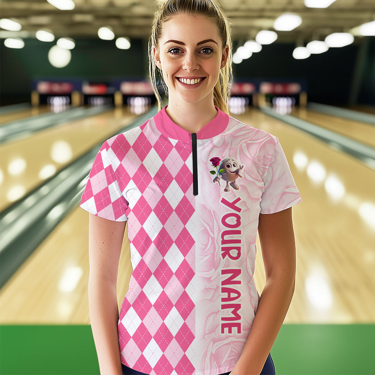 Personalized Rose Bowling Team Jersey Quarter-Zip Bowling Shirt for Couples QZT611