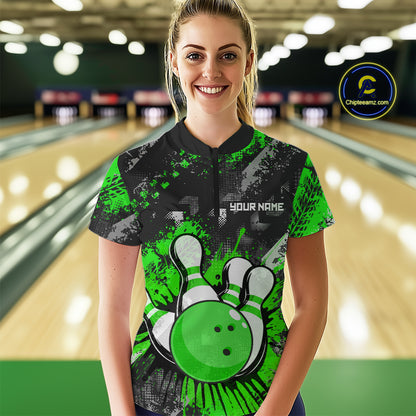 Green Watercolor Bowling Shirts for Women Men Custom Team Bowling Polo&1/4 Zip Shirt MBL110