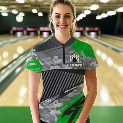 Green Camo Bowling Shirts for Women Men Custom Team Bowling Polo & 1/4 Zip Shirt MBL61