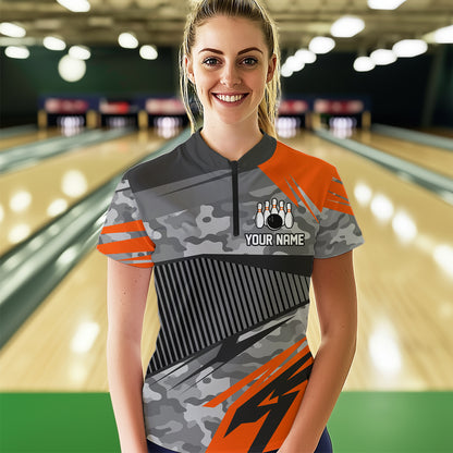 Orange Camo Bowling Shirts for Women Men Custom Team Bowling Polo & 1/4 Zip Shirt MBL61