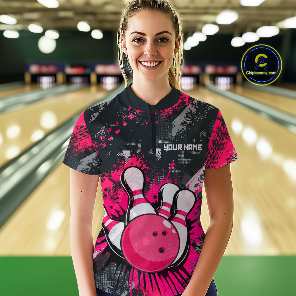 Pink Watercolor Bowling Shirts for Women Men Custom Team Bowling Polo&1/4 Zip Shirt MBL110