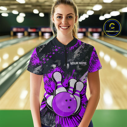 Purple Watercolor Bowling Shirts for Women Men Custom Team Bowling Polo&1/4 Zip Shirt MBL110