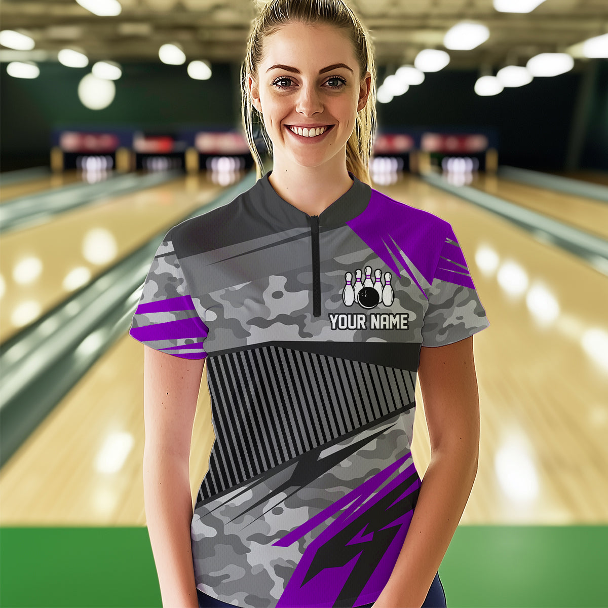 Purple Camo Bowling Shirts for Women Men Custom Team Bowling Polo & 1/4 Zip Shirt MBL61
