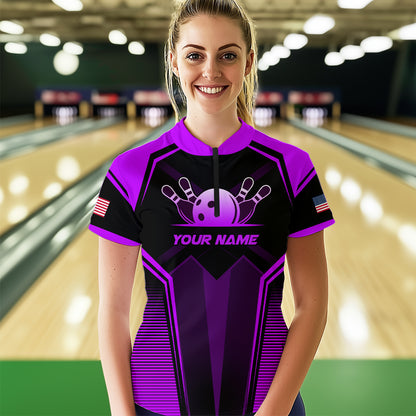 Custom Purple Bowling Jersey for Women Bowling Team Shirts Bowling Uniform Polo & 1/4 Zip HNT158