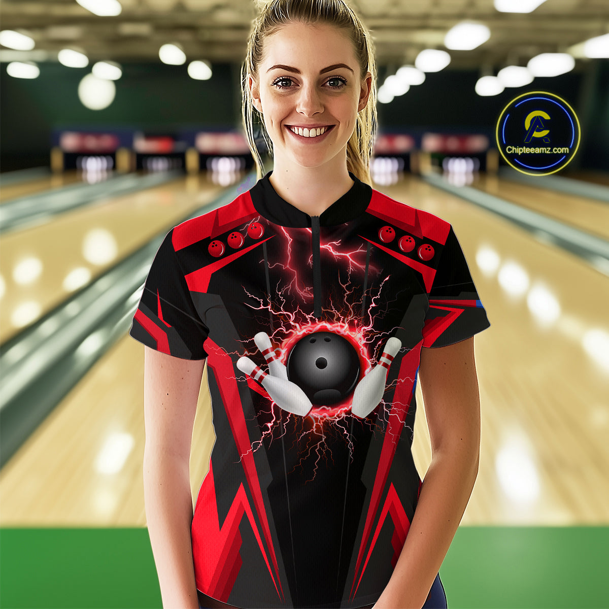 Black Women bowling Polo, Quarter Zip shirt Custom lightning thunder team league bowling jersey | Red NQS10373