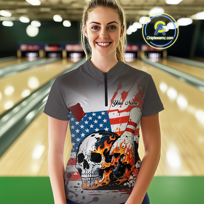 Custom American Flag Skull Flame Bowling Women Polo & 1/4 Zip Shirts Bowling Team Jerseys HNT91