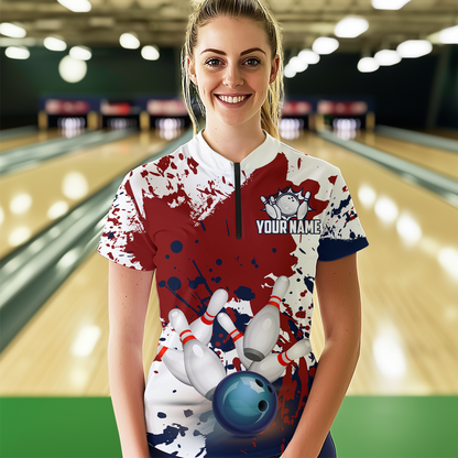 Red White Bowling Shirt for Women Bowling Jersey Shirts Polo & Quarter-Zip Bowling League HNT18