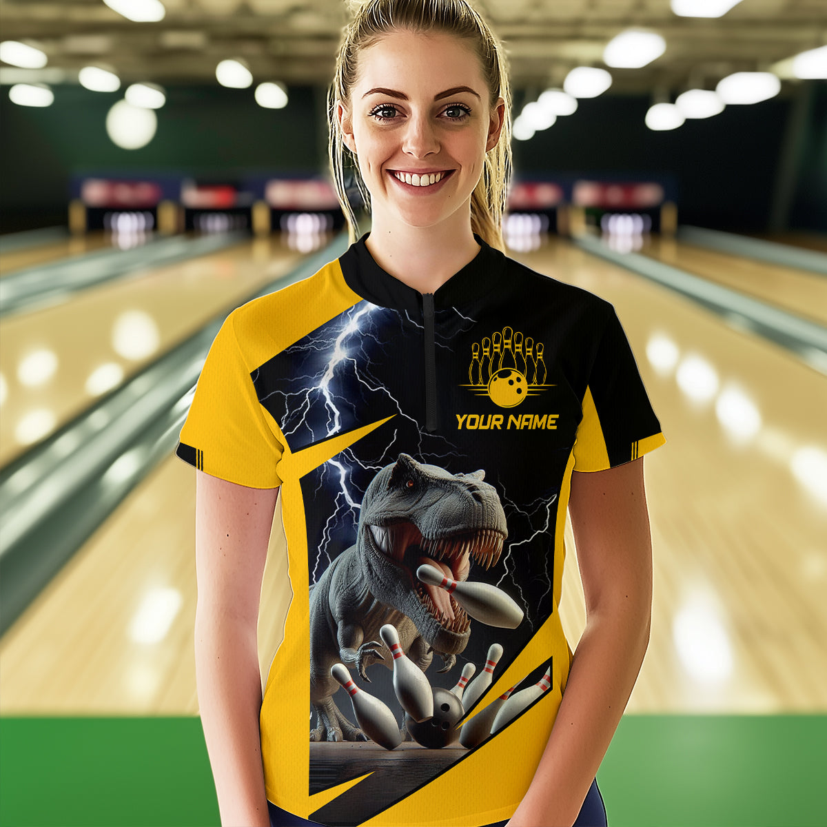 Yellow & Black Thunder Bowling Shirts Custom Bowling Quarter-Zip Jersey for Men Women QZT669