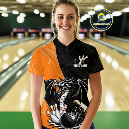 Custom Orange Dragon Bowling Women Shirts Bowling Uniform Polo & 1/4 Zip Bowling Team Jerseys HNT103
