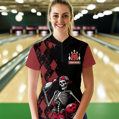 Custom Bowling 1/4-Zip Shirt for Men Women Skull Bowling Jersey Bowling Team League QZT47-6
