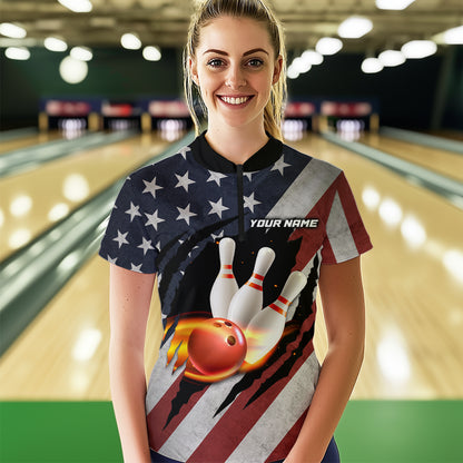 American Flag Bowling Shirt Fire Patriotic Bowling Shirts for Men Women Bowling Jersey MBL19