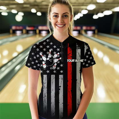 US Red Flag Bowling Shirt for Women Custom Name Polo & Quarter-Zip Bowling Jersey Bowling Team Shirt HNT23