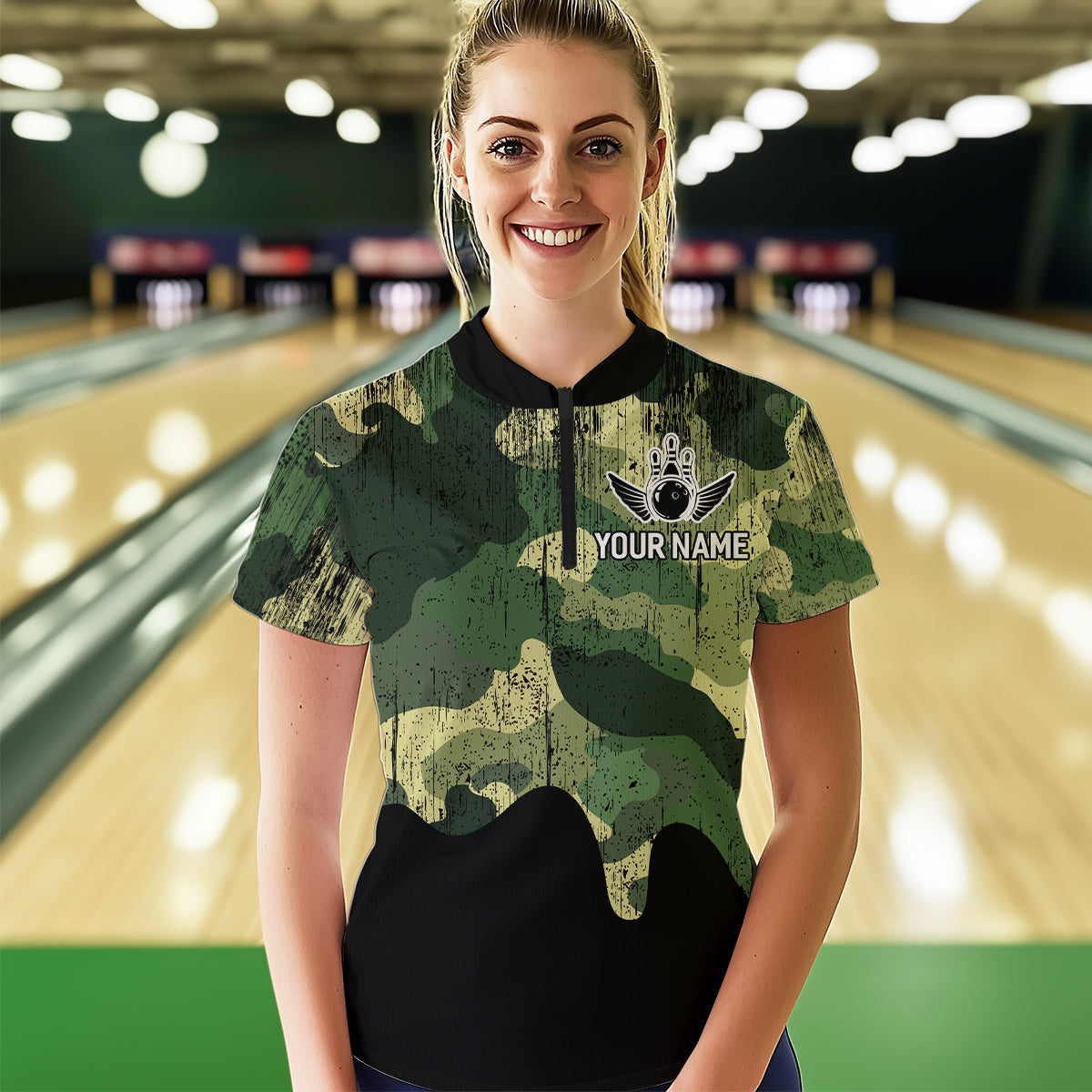 Personalized Camouflage Bowling Shirt American Flag Quarter-Zip Bowling Team Jersey QZT678