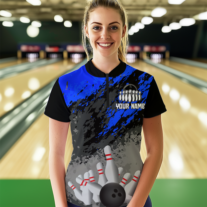 Custom Blue Bowling Shirt forMen Women Team Bowling Jersey Bowling Polo & 1/4 Zip Shirt MBL40