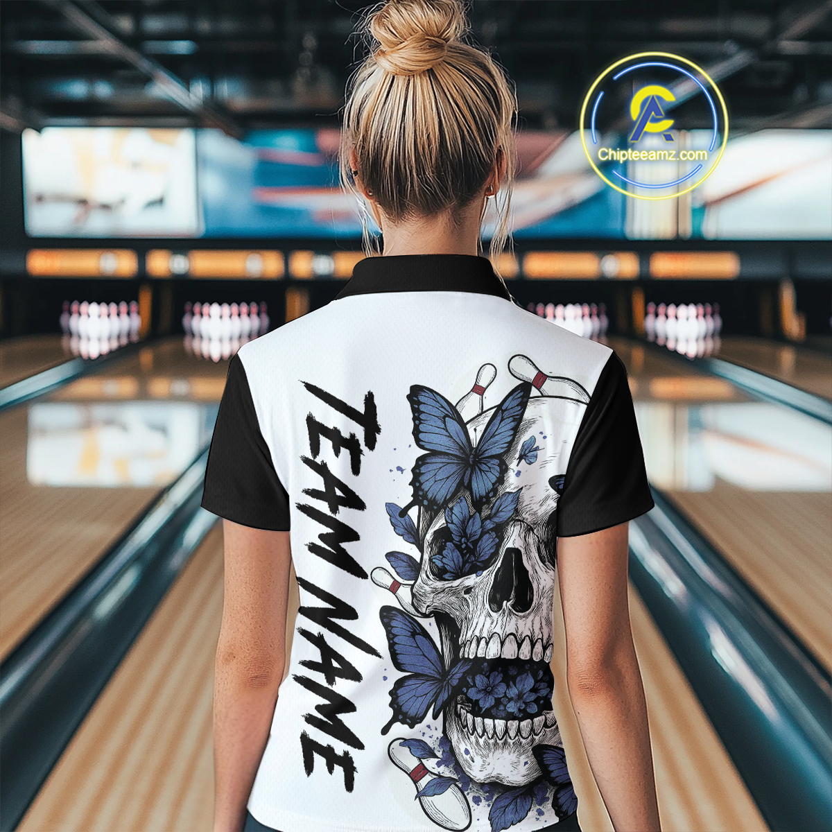 Blue Butterfly Skull Bowling Women Bowling Shirt Polo & Quarter-Zip Bowling Team Jerseys HNT80