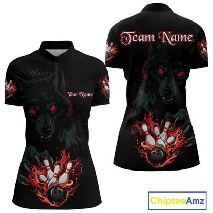 Custom Flame Wolf  Bowling Jersey for Women Bowling Uniform Polo & 1/4 Zip Bowling Team Shirts HNT144