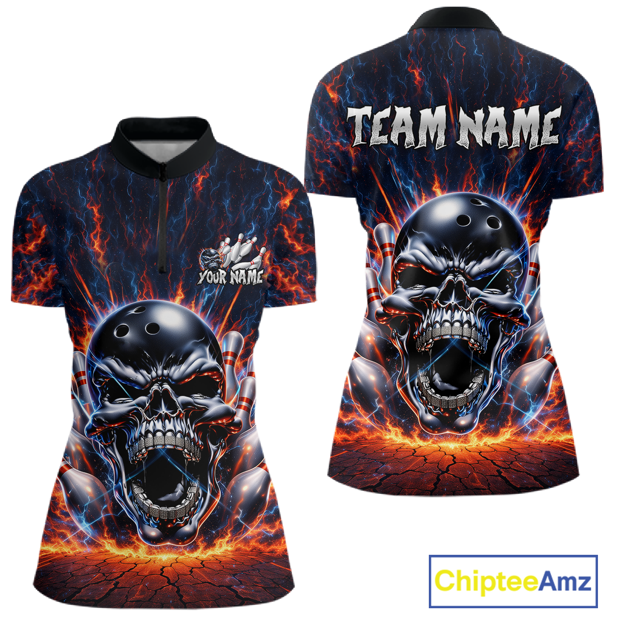 Custom Skull Bowling Jersey for Women - Flaming Strike Personalize Bowling Team Shirt Polo & 1/4 Zip HNT215