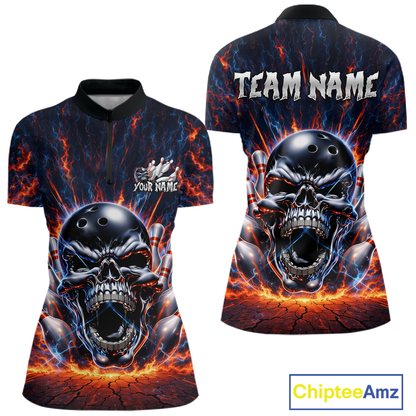 Custom Skull Bowling Jersey for Women - Flaming Strike Personalize Bowling Team Shirt Polo & 1/4 Zip HNT215