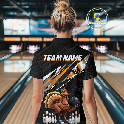 Custom Orange Funny Turkey Bowling Jersey for Women Thanksgiving Bowling Shirts Polo & 1/4 Zip HNT117