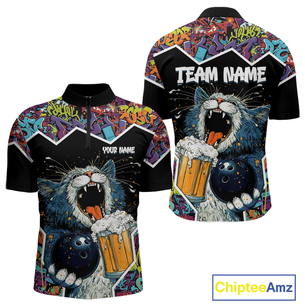 Custom Funny Cat Beer Bowling Jersey for Men Polo & 1/4 Zip Bowling Team Shirts HNT146