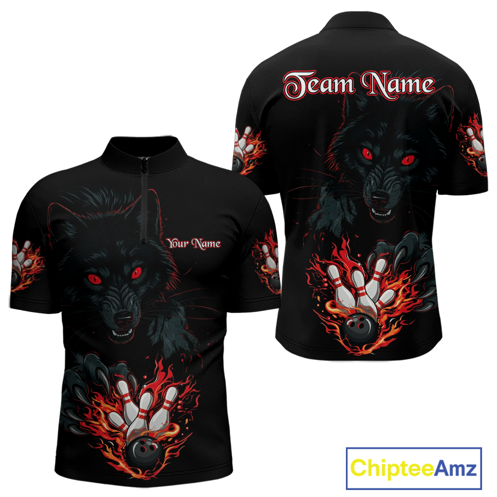 Custom Flame Wolf  Bowling Jersey for Men Bowling Uniform Polo & 1/4 Zip Bowling Team Shirts HNT144