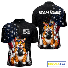 Load image into Gallery viewer, Men quarter zip bowling-themed shirt with a cat design, American flag pattern, and 'Team Name' text on a white background.