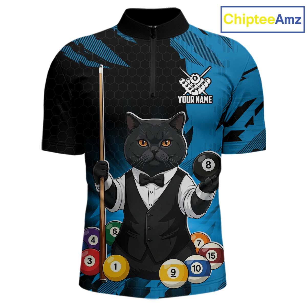 Custom Black Cat 8 Ball Pool Shirts Blue Billiard Shirt for Men Billiard Team Jersey Billiard Gift NNT181