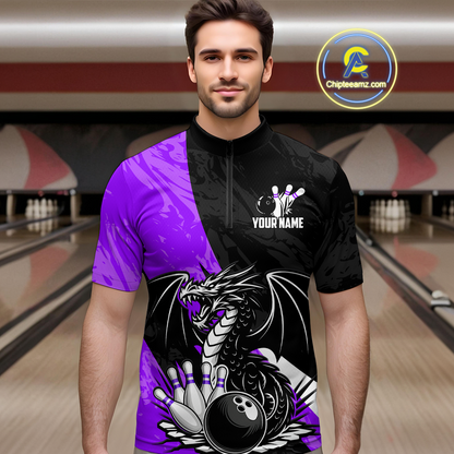 Custom Purple Dragon Bowling Men Shirts Bowling Uniform Polo & 1/4 Zip Bowling Team Jerseys HNT103