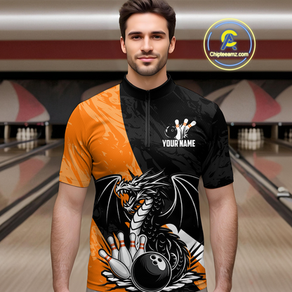 Custom Orange Dragon Bowling Men Shirts Bowling Uniform Polo & 1/4 Zip Bowling Team Jerseys HNT103