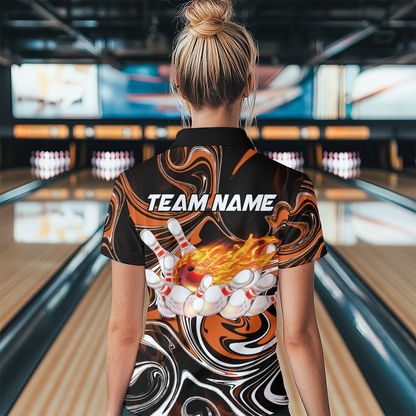 Custom Flame Bowling Shirt Orange Quarter Zip Bowling Shirt Unisex Bowling Outfits QZT602