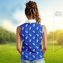 Load image into Gallery viewer, Blue and white golf pattern Women sleeveless polo shirt custom golf beer outfit ladies golf clothes NQS9856
