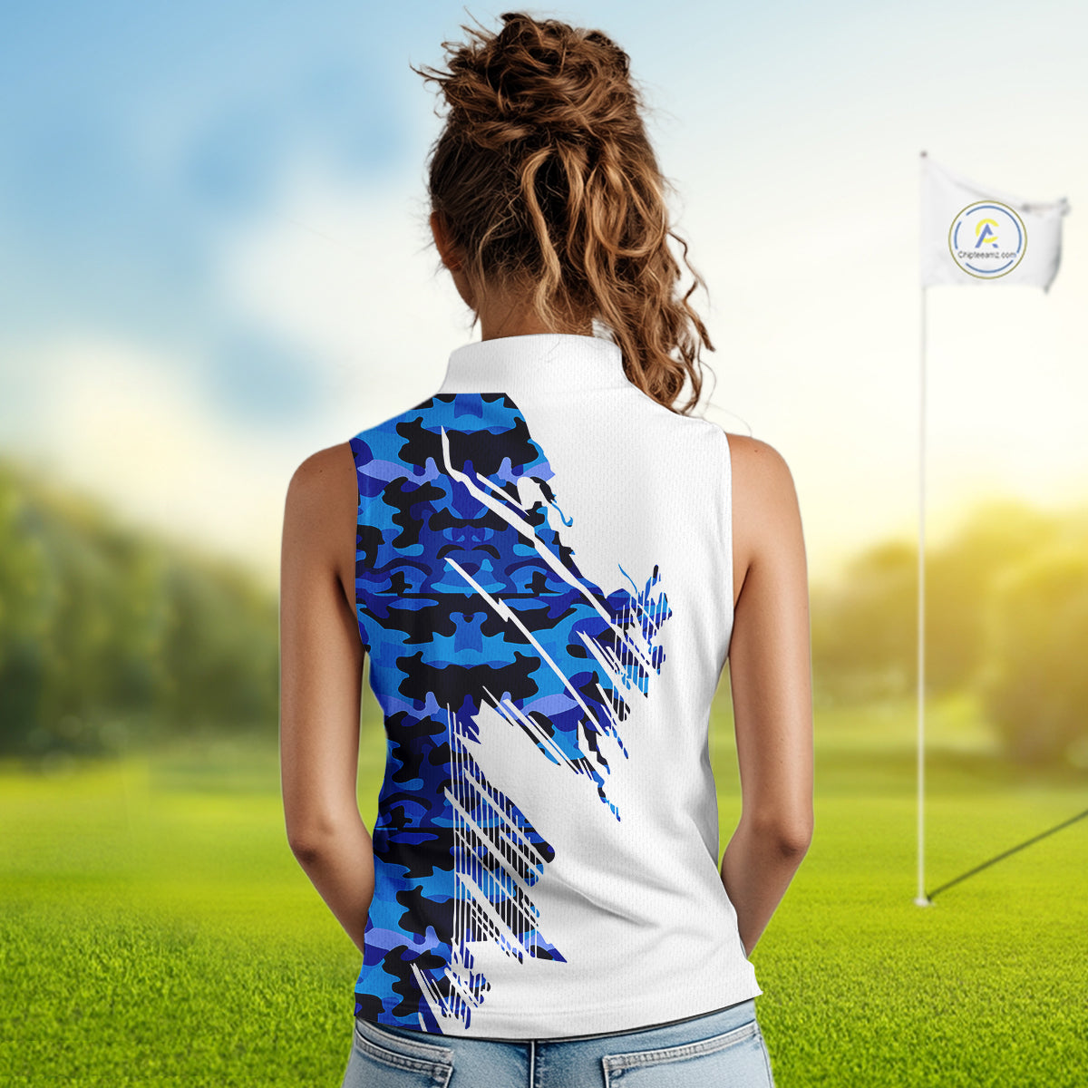Personalized Women sleeveless golf polo shirt custom white and blue camo ladies golf apparel NQS10073