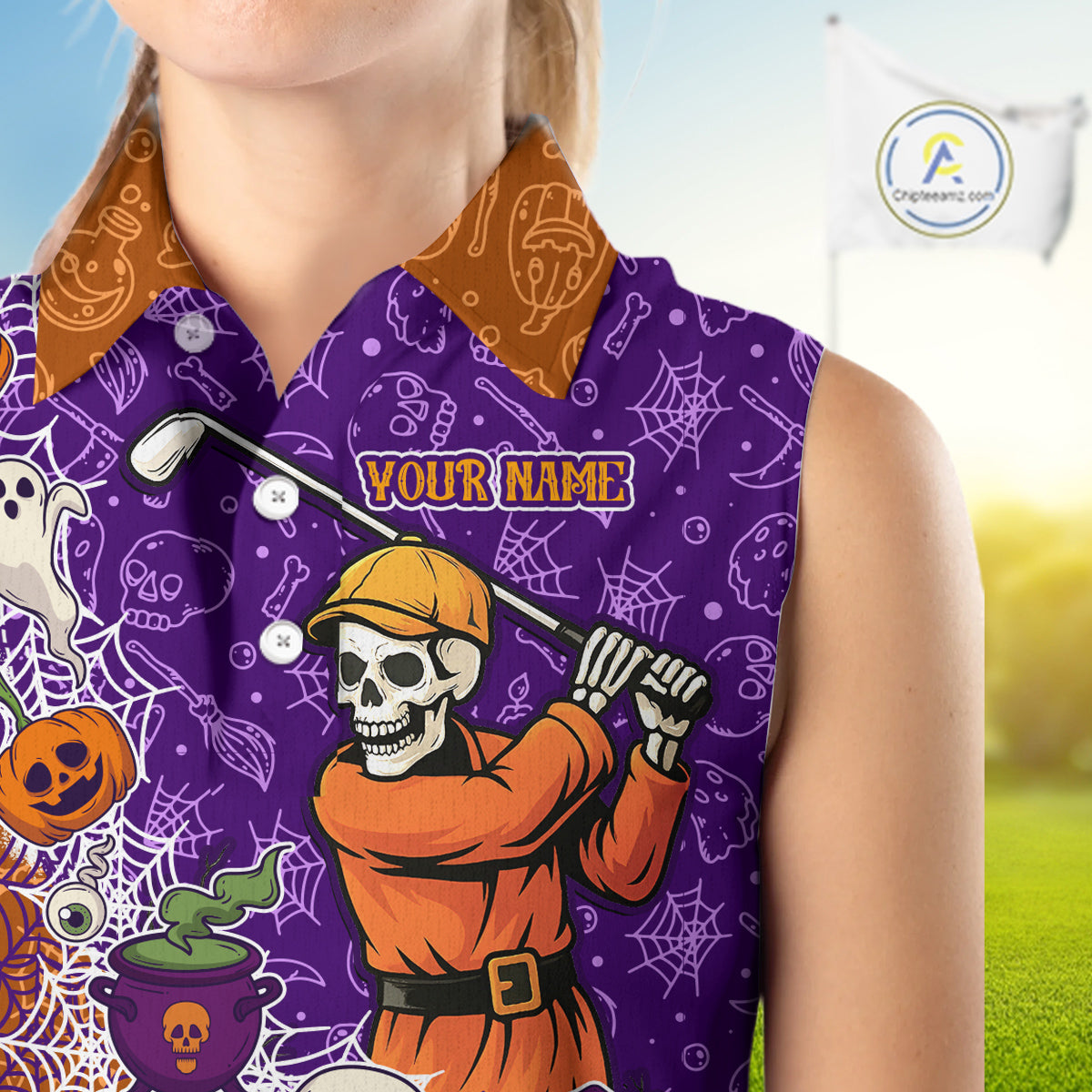 Halloween Skull Playing Golf Sleeveless Polo Shirt Custom Halloween golf outfit For Ladies Golf Gifts NQS10340
