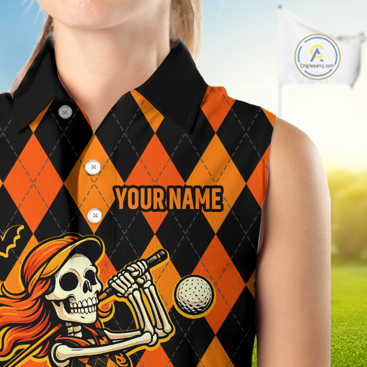 Funny Women sleeveless polo shirt custom orange black argyle plaid Halloween Skull ladies golf attire NQS10355