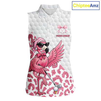 Pink Flamingo Golf Shirt For Women Sleeveless, Funny Leopard Patten Golf Polo Shirt, Ladies Golf Outfit For Team NHT732