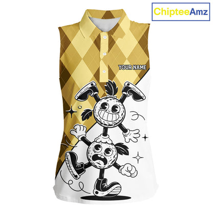 Funny Golf Ball Pattern Argyle Sleeveless Womens Golf Polo Shirts Custom Golf Outfits Ladies, Green Golf Tops NHT786