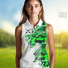 Load image into Gallery viewer, Personalized Women sleeveless golf polo shirt custom white and green camo ladies golf apparel NQS10334