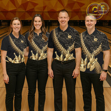 Load image into Gallery viewer, Custom Black and Gold tribal pattern Bowling Polo, 1/4 zip Shirts For Men, Team Bowling League jersey NQS11591