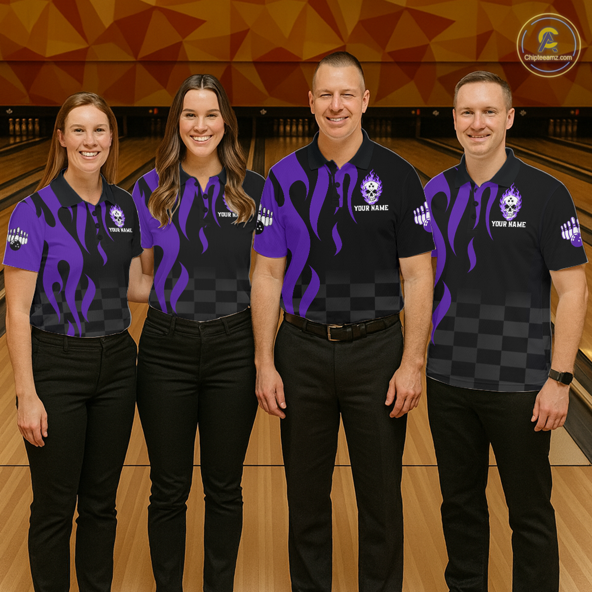 Purple Flame Skull Bowling Shirt Bowling Team Jersey for Men Polo & 1/4-Zip Bowling Outfit QZT931