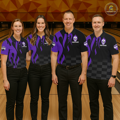 Purple Flame Skull Bowling Shirt Bowling Team Jersey for Men Polo & 1/4-Zip Bowling Outfit QZT931