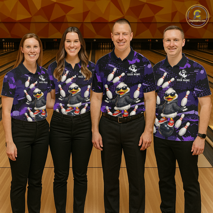 Custom Purple Funny Duck Bowling Shirt for Men Bowling Jersey Polo & 1/4 Zip Bowling Outfit QZT943