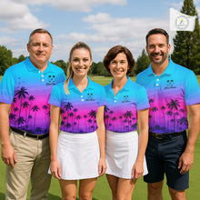 Load image into Gallery viewer, Pink Blue Neon Palm Pattern Womens Golf Polo Shirt Custom Golf Ball Blue Golf Tops, Golfer Gifts NHN0157